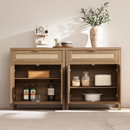 SICOTAS Sideboard Buffet Cabinet Set of 3, Rattan Credenza Storage Cabinet