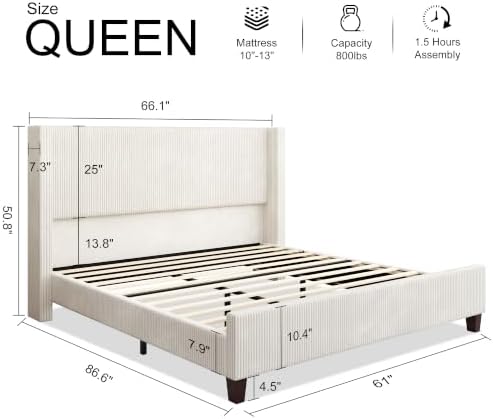 HOWE Queen Size Bed Frame with 50.8 Inch Corduroy Wingback Headboard, Cream
