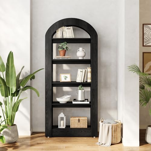 LITTLE TREE 5-Tier Bookshelf, Arch-Shaped Racks, Tall Standing Wooden Bookcas...