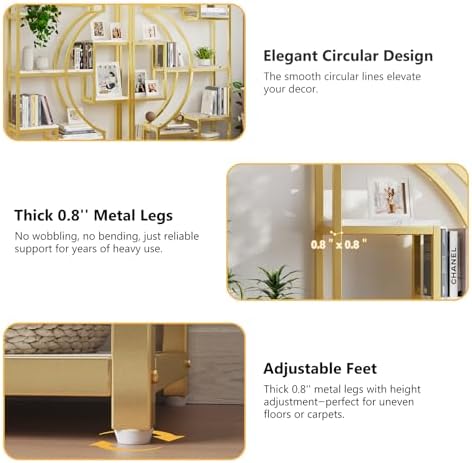 HolliWill Modern Book Shelf, White and Gold Bookshelf, 70.8 Inch Tall Etagere...