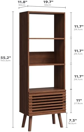 Furnify 4-Tier Narrow Bookcase with Open Shelf and Slatted Door, Walnut