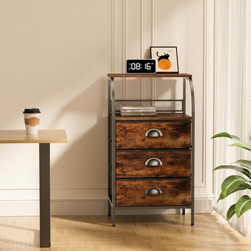 Night Stand Set 2, Tall Nightstand with 3 Fabric Drawers, Bedside Table with ...