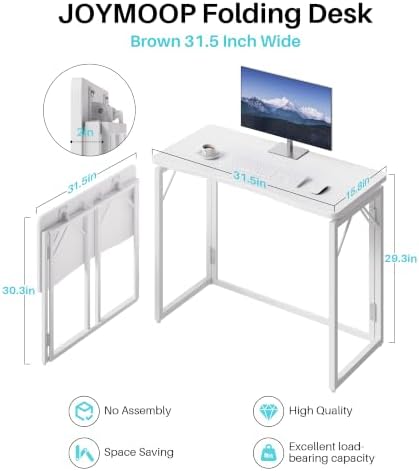 JOYMOOP 31.5" White Folding Desk, No Assembly, Wooden Top, Small Size