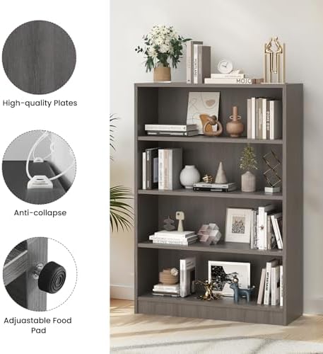 Farini 48 Inch Tall 4-Shelf Bookcase, Wood Bookshelf Storage Organizer Adjust...