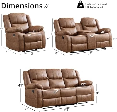 EBELLO 3 Pieces Faux Leather Recliner Sofa Furniture Set, Includes a Manual R...