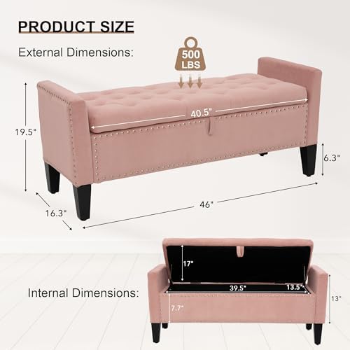 Velvet Ottoman with Storage, 46'' Upholstered Button Tufted End of Be...