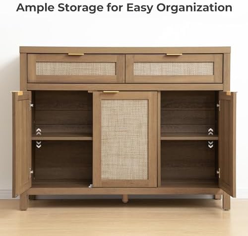 SICOTAS Rattan Sideboard Buffet Cabinet with Storage, Boho Credenza Accent