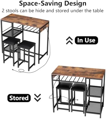 Bar Table and Chairs Set with Power Outlet, Pub Table and Chairs Set for 2