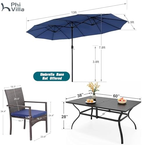 PHI VILLA 7-Piece Patio Set with 13ft Blue Umbrella, 6 Rattan Chairs