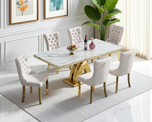 Luxury 7 Piece Dining Set, Modern 68.11" Faux Marble Dining Table with 6...