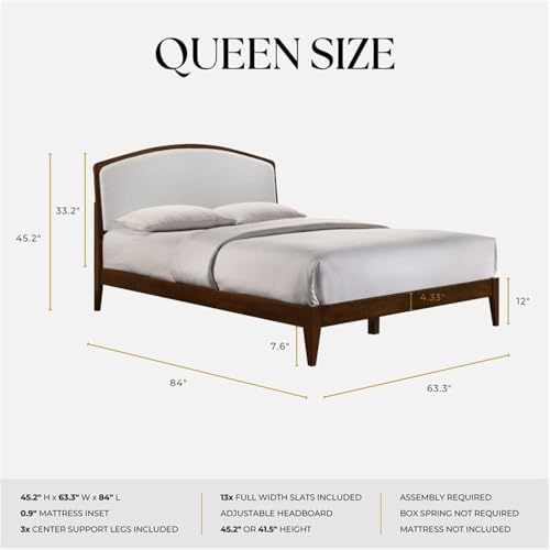 Pemberly Row Queen Platform Bed, Solid Wood Frame, Walnut Finish, Cream White...