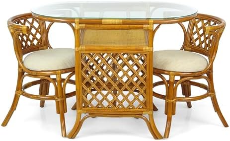 Borneo Compact Dining Set Colonial Color, Table with Glass Top + 2 Chairs wit...