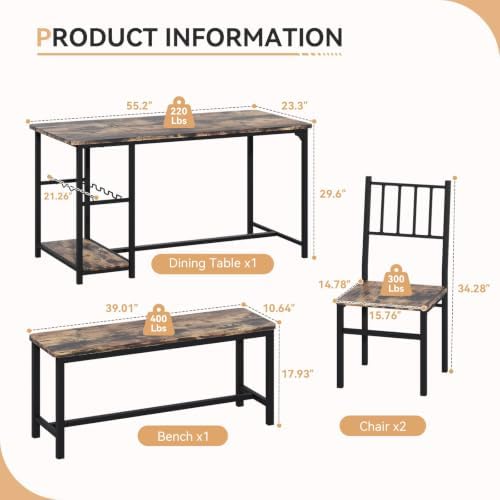 55-Inch Dining Table Set for 4 with Bench, Wine Rack, Rustic Brown