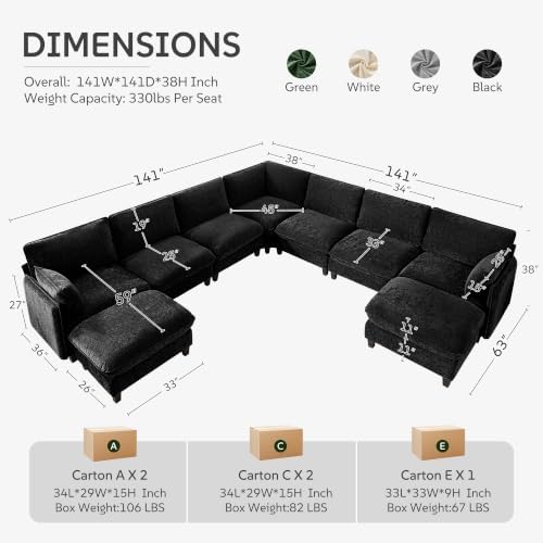 Ihanherry 139" Oversized V-Shaped Modular Sectional Couch, 9-Seater Clou...