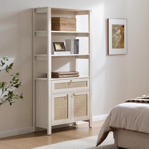 SICOTAS 68.5" Tall Boho Large White Rattan Bookshelf with Drawer and Doors