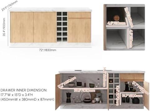 homary 72" Large White Kitchen Island with Storage & LED Lights, Woo...