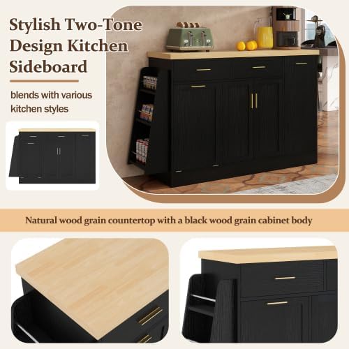 Rolling Kitchen Island with Trash Can Storage Sideboard, Black | Portable &am...