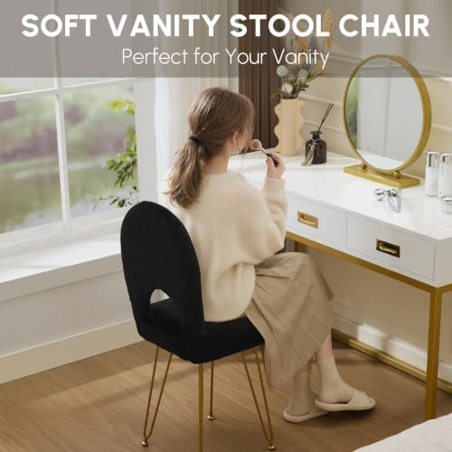 Foldable Vanity Stool with Backrest Ottoman Makeup Chair with Gold Legs