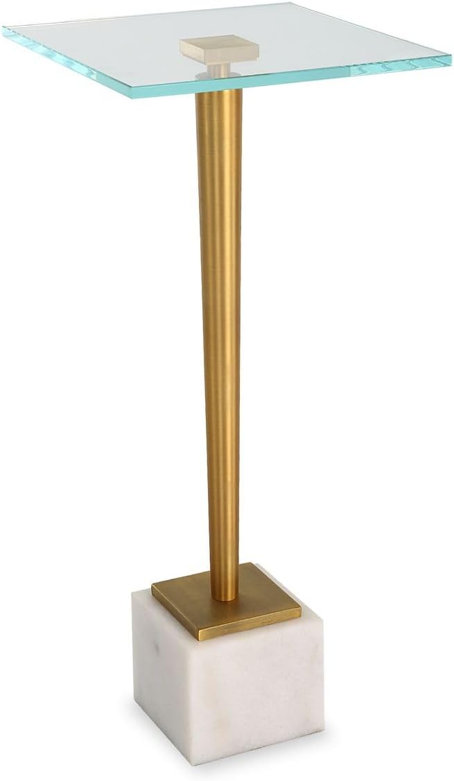 Miri Accent Table | Brass Plated and Tempered Glass Top with White Marble Bas...