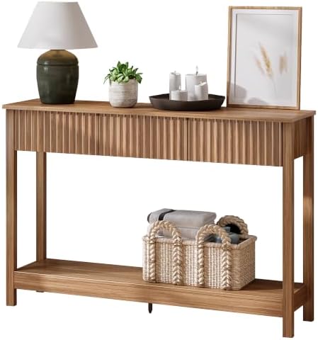 Treocho 47" Fluted Console Table with 3 Drawers and Storage Shelf | Narr...