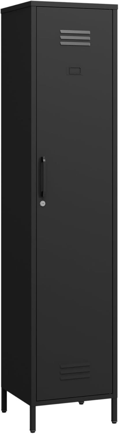 Tall Single Door Metal Locker with Adjustable Shelves, Black Tall Metal Locke...