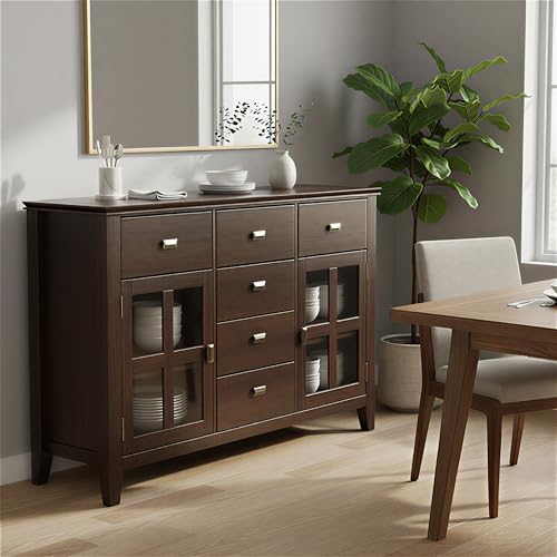 SIMPLIHOME Artisan 54" Wide Solid Wood 3-Door Buffet in Dark Chestnut Brown