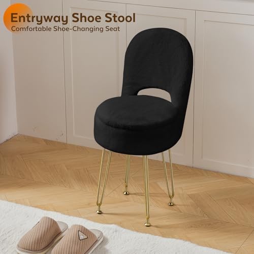 BRIAN & DANY Vanity Chair with Storage and Folding Back, Faux Fur Round S...