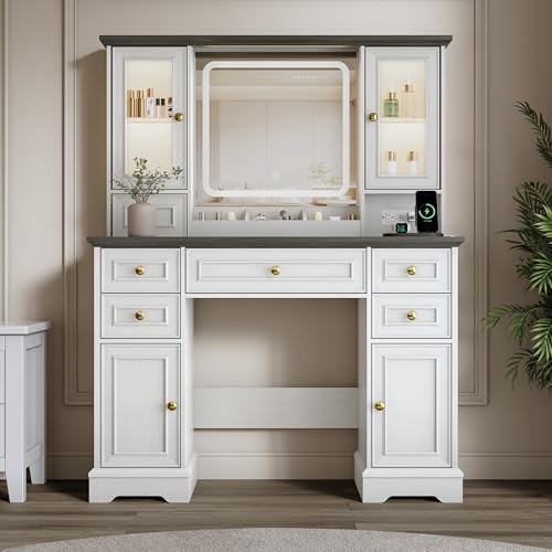 Vanity Desk with Mirror & Lights, Makeup Vanity with Power Outlet & U...