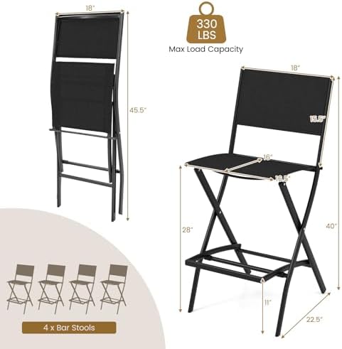 COSTWAY Outdoor Patio Folding Bar Chair Set of 4 with Metal Frame, Footrest