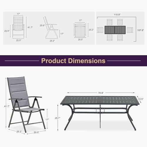 PURPLE LEAF Outdoor Dining Set 6-Person Patio Table Set w/Padded Seat, Grey