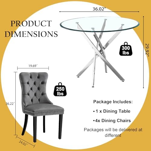 Round Glass Dining Table Set for 4, Modern 36 Inch Glass Kitchen Table with S...