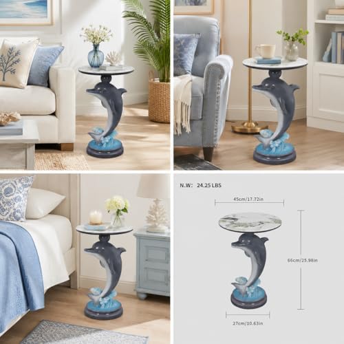 Dolphin Side Table, 25.98 in Animal End Table, Round Marble-Look Top, Hand-Pa...