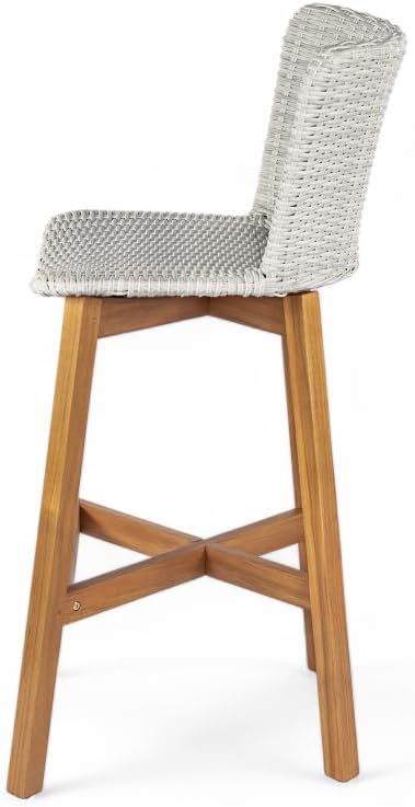 Saiveina Lymington Outdoor Bar Stool, Teak Finished Wood with Light Grey Wick...