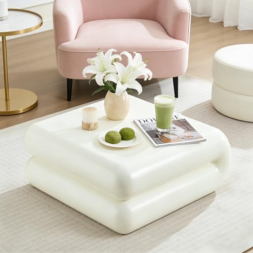 31.5" Modern White Coffee Table, Stone Coffee Table, Square Minimalist C...