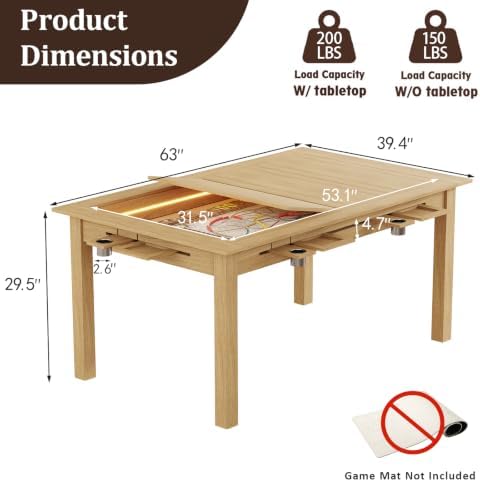 Board Game Table with Led Lights,63" Dining/Gaming Table, Oak