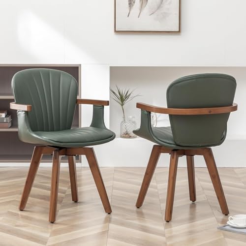 LUNLING Swivel Dining Chairs, Mid Century Modern Green Faux Leather Kitchen C...