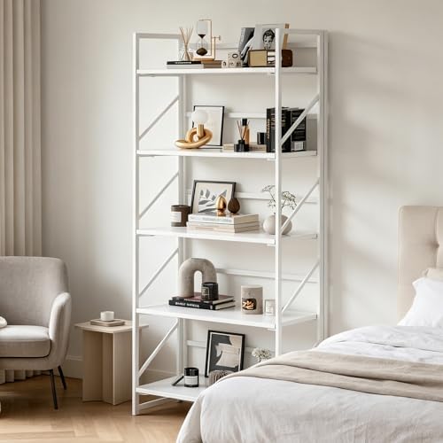 JSB No Assembly Folding Bookshelf, 5 Tier Industrial Metal Book Shelf for Sto...