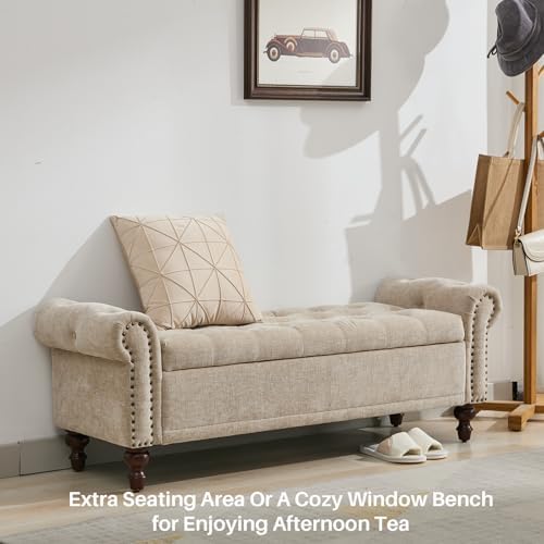 SOFTHION 58.1" Storage Bench for Bedroom, Chenille Cushion, Light Brown ...