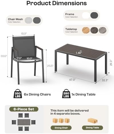 Outdoor Dining Set, 7 Piece Aluminum Patio Table and Chairs Set, All Weather ...