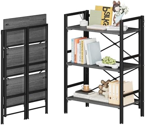 Homeiju Folding Bookshelf No Assembly, 3 Tier Bookcase Foldable Shelf with X-...