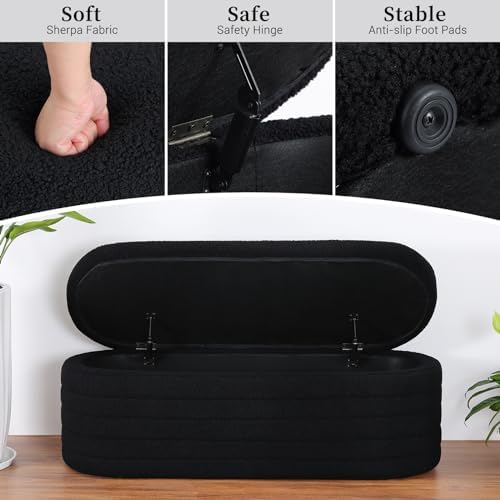 Teddy Sherpa Oval Black Ottoman with Storage, 45.5-inch Bench | Teddy Upholst...