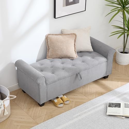49" End of Bed Storage Bench for Bedroom, Upholstered Storage Ottoman | ...