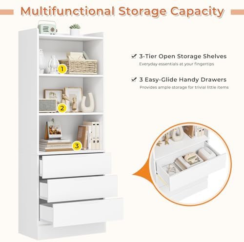 DICTAC 73.23'' Tall Storage Cabinet Bookcase with 3 Drawers and 3-Tie...