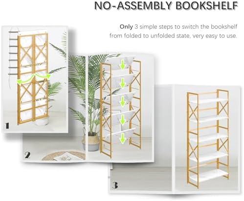 4NM 5 Tiers No Assembly Book Shelves, 51.2" H Folding Bookshelf Bookcase...