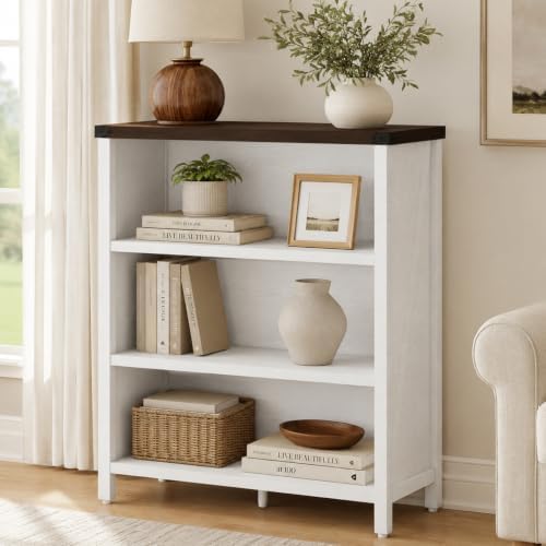 BON AUGURE Farmhouse 3 Tier Bookshelf, Wood Bookcase, White Oak & Walnut