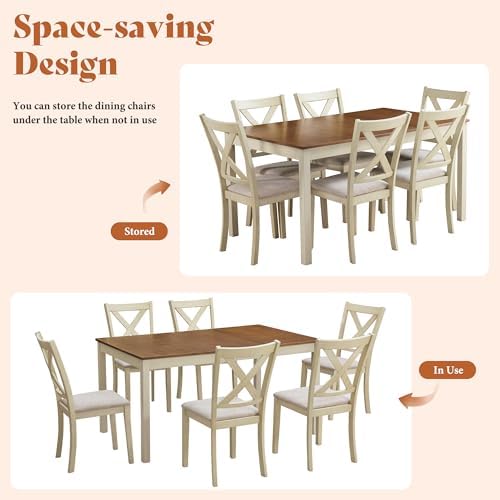AMERLIFE 7-Piece Farmhouse Solid Wood Dining Table Set for 6, Rustic Cream | ...