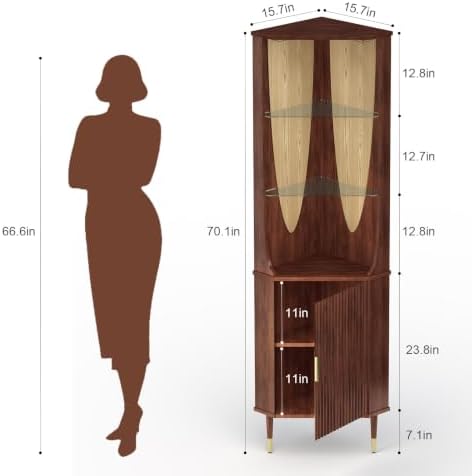 JOINICE Tall Corner Bar Cabinet for Liquor,Mid-Century Modern,Walnut,70"
