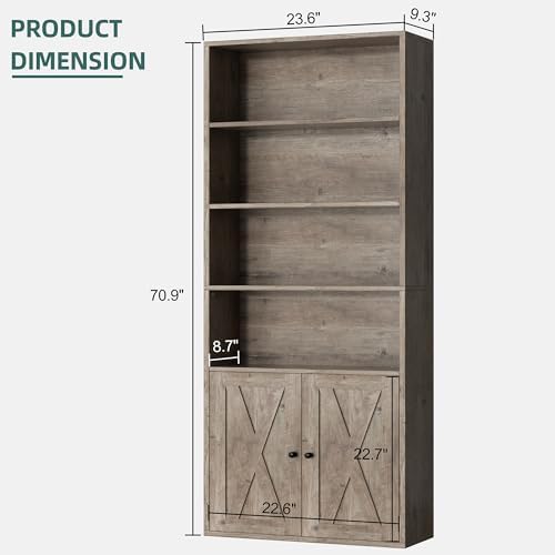 Shintenchi 6 Tier Bookshelf with Doors, Tall Standing Bookcase