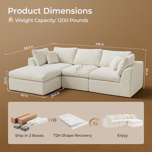 Amsleekey 108" Cloud Sectional Couch with 2 Washable Cover Sets | L-Shap...