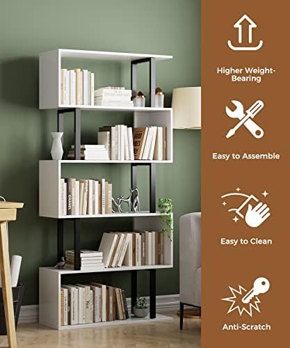 Gadroad 5-Tier Tall Bookshelf, S-Shaped Book Shelf Unit, White